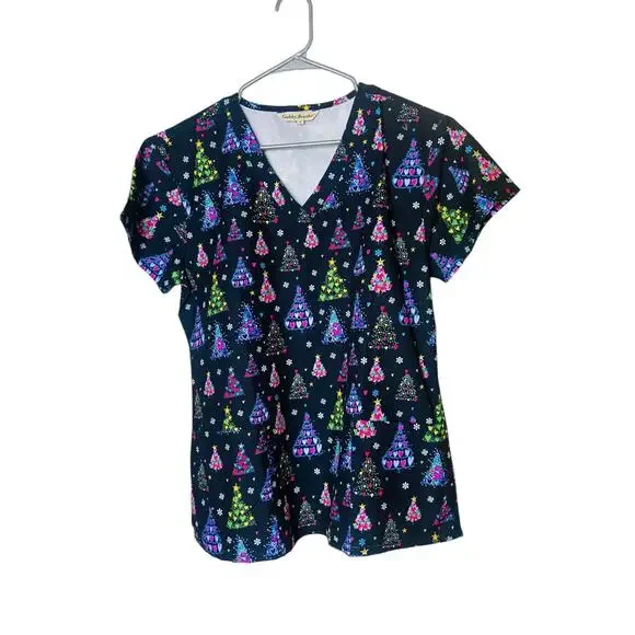 LOT OF 5 Womens Printed Scrub Top Short Sleeve Medium Holiday Workwear Medical - Picture 3 of 13